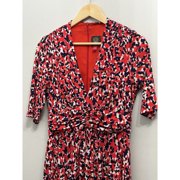 Vince Camuto Ruched Dress Red Blue White Abstract Midi Women's Size 6 - Picture 5 of 5